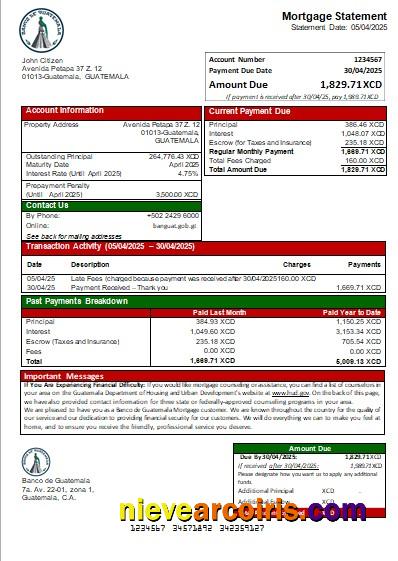 Guatemala Banco de Guatemala bank mortgage statement